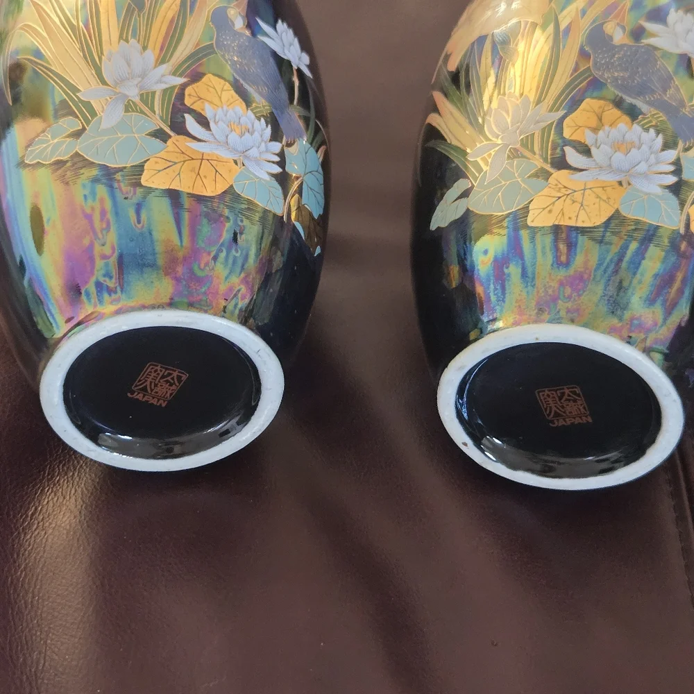 Japanese Pair Of Mid Century Vases Feat. Birds & Water Scene, Iridescent